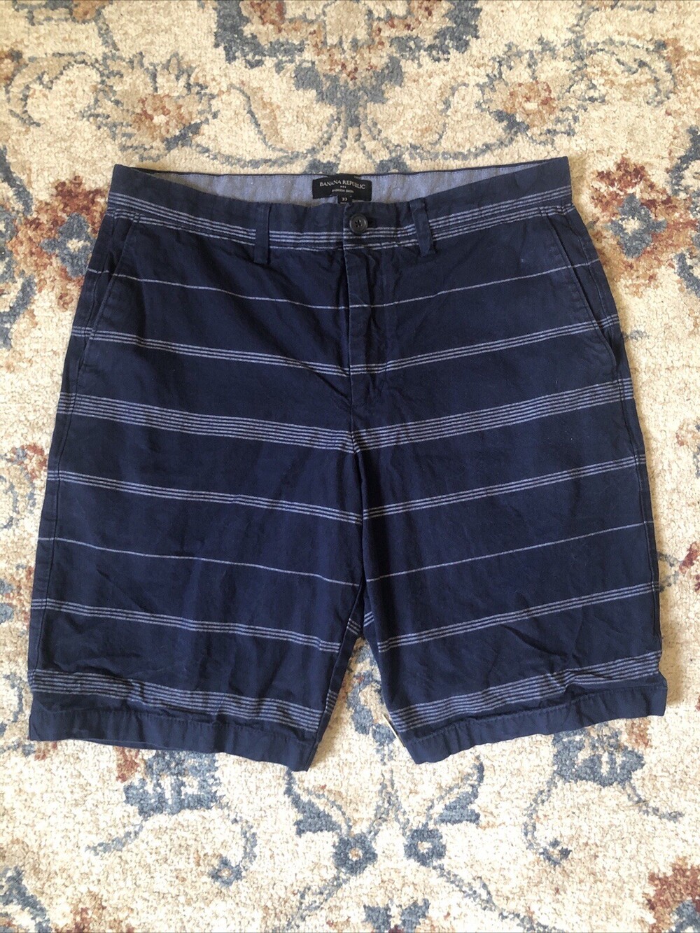 Banana Republic Chino Shorts Men's 34 Emerson Blue Striped Cotton Casual 10"